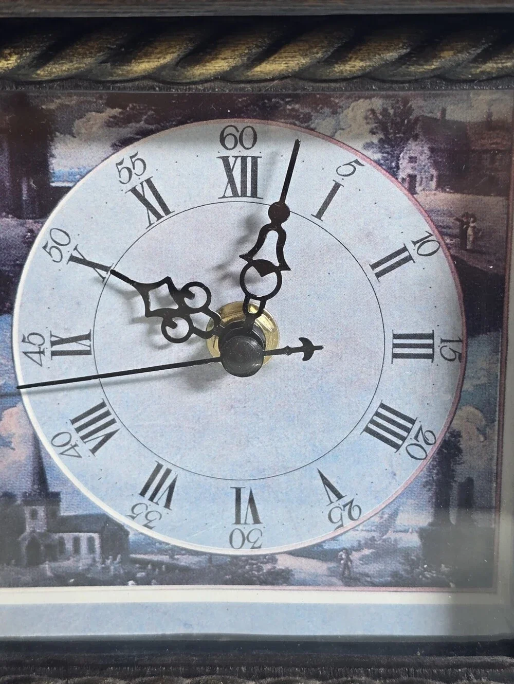 Vtg  Wooden Mantle Clock with Roman Numerals 10” Tall  New Batteries Installed.
